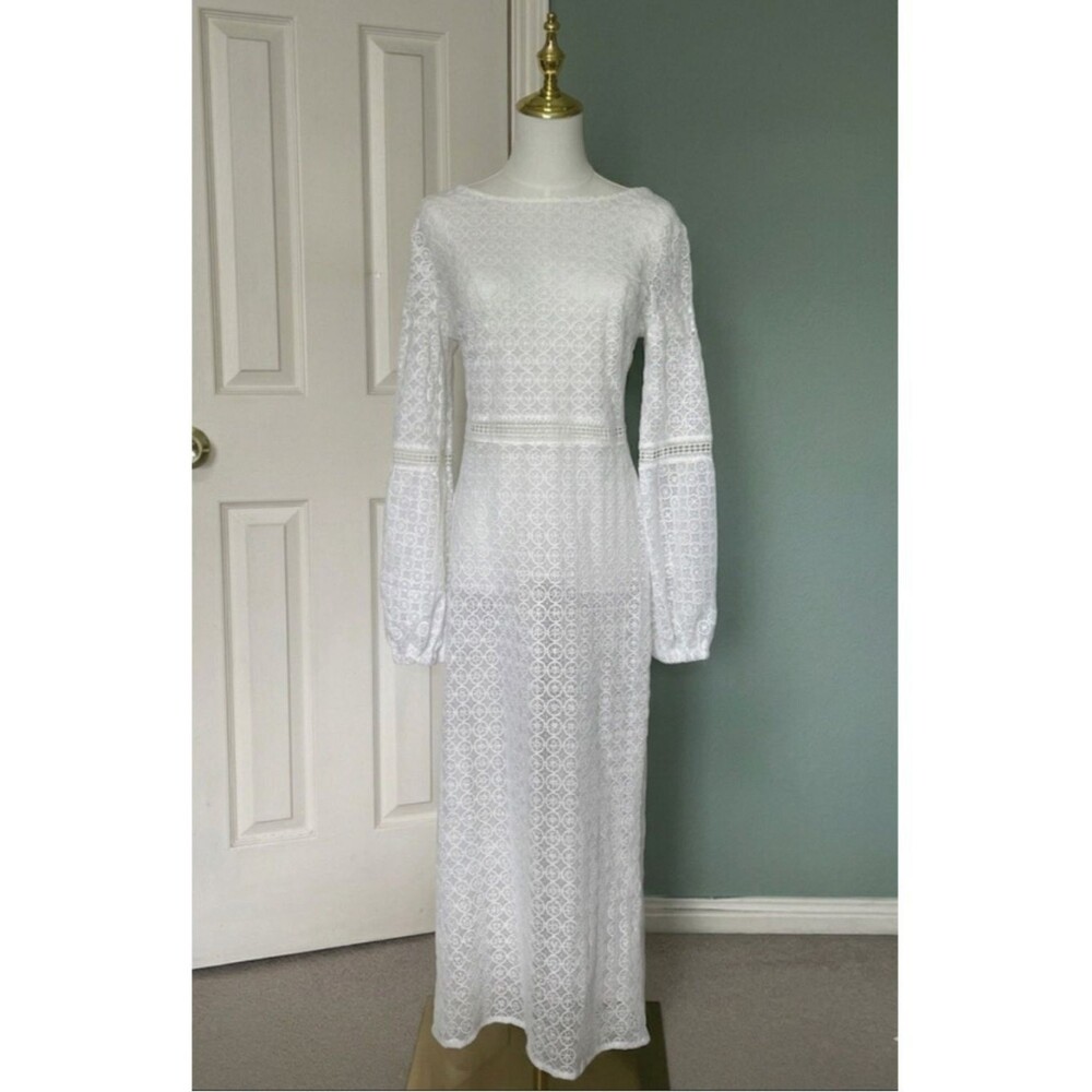 Vici Crochet Unlined Long Sleeve Maxi Dress Size S White Bridal Honeymoon